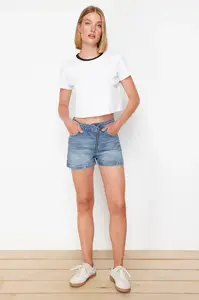 Trendyol Blue Waist Detailed High Waist Denim Shorts