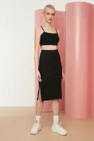 Trendyol Black With Double Slits, Fitted High Waist Ribbed Flexible Midi Knitted Skirt