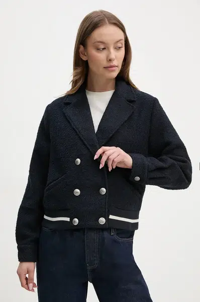 Bunda s příměsí vlny Pepe Jeans BIMBA tmavomodrá barva, přechodná, oversize, PL402475