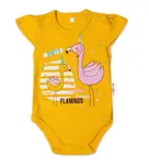 Baby Nellys Bavlněné kojenecké body, kr. rukáv, Flamingo - hořčicové, vel. 62