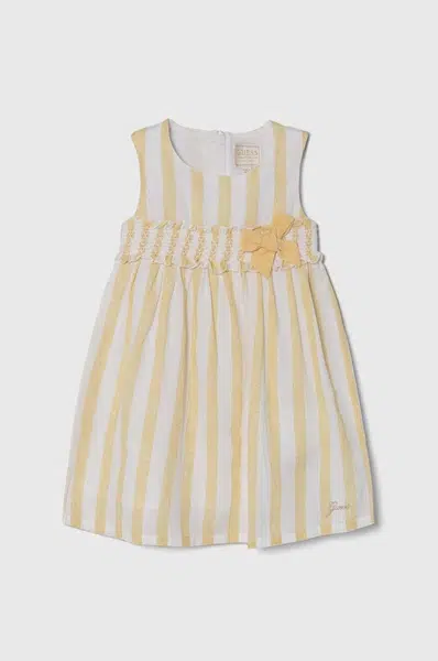 Dětské šaty s příměsí lnu Guess žlutá barva, mini