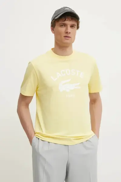 Bavlněné tričko Lacoste žlutá barva, s potiskem, TH2733