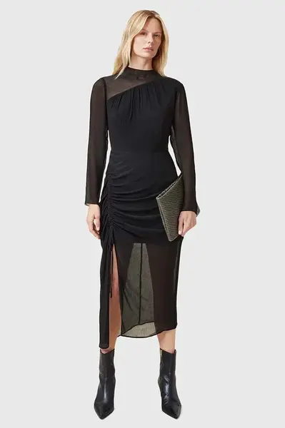 Šaty s příměsí hedvábí AllSaints RIZO černá barva, midi, W085DC