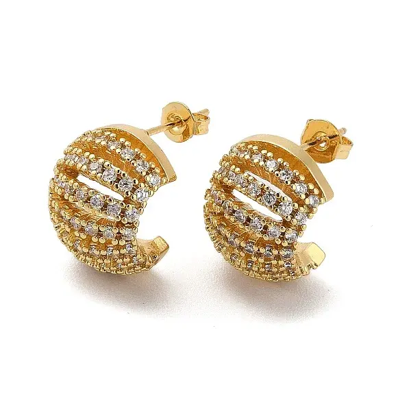 Brass Micro Pave Cubic Zirconia Half Round Stud Earrings