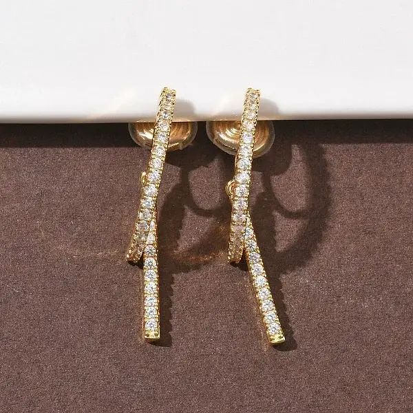 Brass Micro Pave Clear Cubic Zirconia Stick Clip-on Earrings