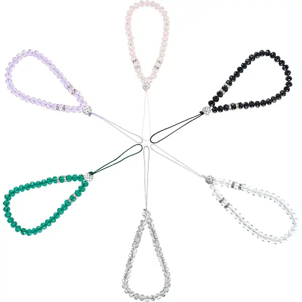 6Pcs 6 Colors Glass & Rhinestone Beaded Phone Hand Strap Chains