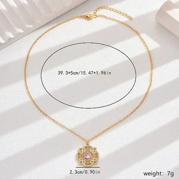 Vintage Ethnic Style Brass Pave Cubic Zirconia Flower Collarbone Pendant Necklaces for Women