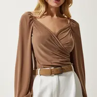 Happiness İstanbul Women's Dark Beige Elastic Balloon Sleeve Sandy Knitted Blouse