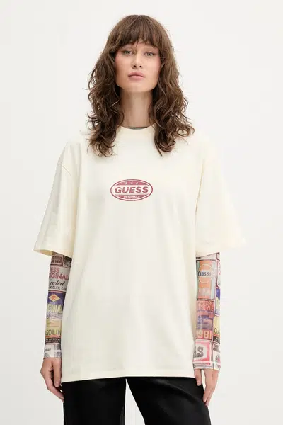 Bavlněné tričko Guess Originals dámské, béžová barva, M5YI55 K8FQ4