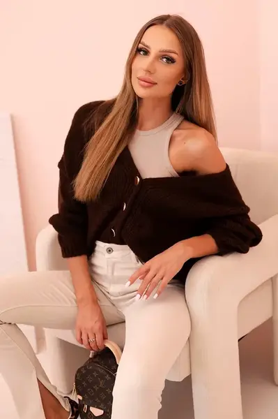 Kesi Włoski Svetr dámský s výstřihem do V a knoflíky hnědý