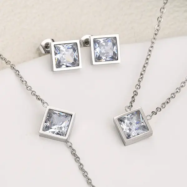 Rhombus 304 Stainless Steel Pave Clear Cubic Zirconia Link Bracelets & Stud Earrings & Pendant Necklaces