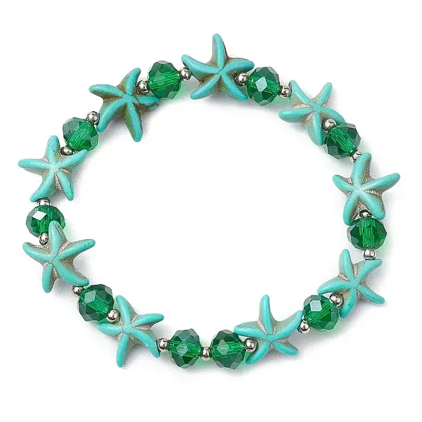 Summer Beach  Starfish Dyed Synthetic Turquoise & Faceted Glass Beaded Stretch Bracelets for Women Men