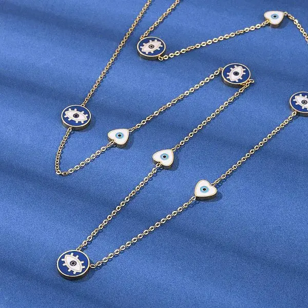 304 Stainless Steel Blue & White Enamel Evil Eye Link Chain Long Necklaces