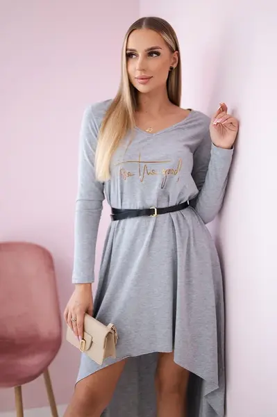 Dress with decorative belt and gray inscription