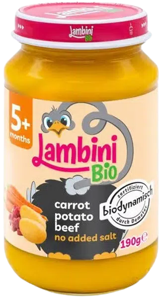 LAMBINI BIO Demeter příkrm mrkev, brambory a hovězí maso 190 g