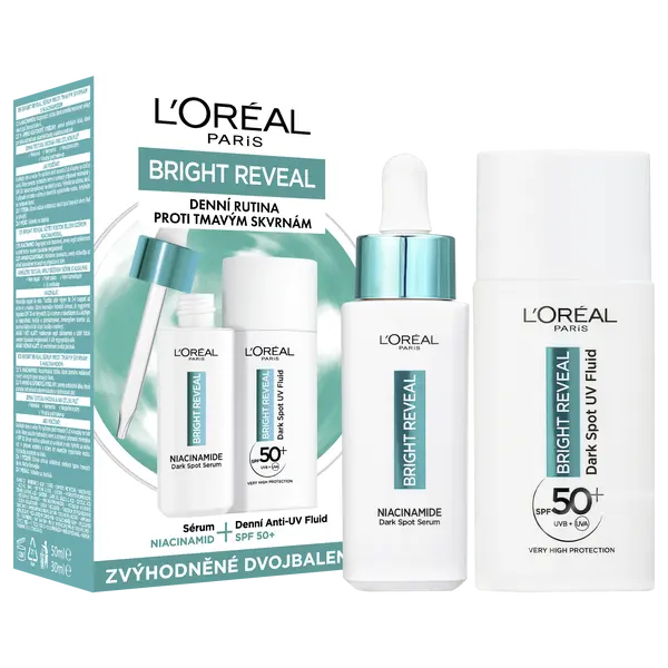 L'ORÉAL PARIS Bright Reveal denní anti-UV fluid SPF 50+, 50 ml + Bright Reveal sérum, proti tmavým skvrnám s niacinamidem, 30 ml