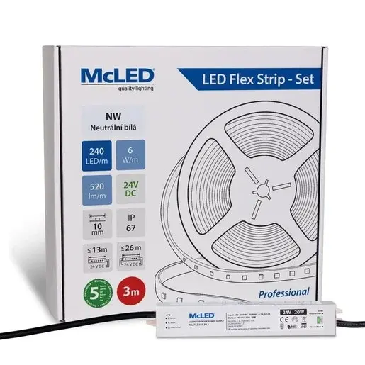 McLED LED páska - sada 3 m, 240 LED/m, NW, 6 W/m, DC 24V, 520 lm/m, CRI90, IP67, 10 mm, vodič 3 m ML-126.033.90.S03001