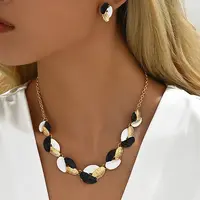 3 Tone Leaf Alloy Enamel Bib Necklace & Stud Earring