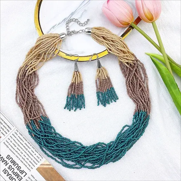 Bohemian Style Acrylic Seed Beaded Multilayer Necklaces & Tassel Dangle Earrings Sets