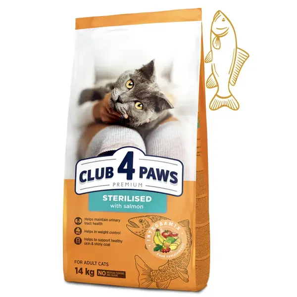 CLUB 4 PAWS Premium STERILISED s lososom pre dospelé sterilizované mačky 14 kg (9497)