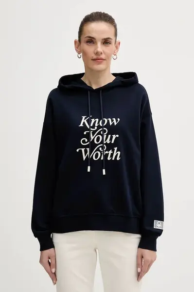 Mikina United Colors of Benetton dámská, tmavomodrá barva, s kapucí, s potiskem, 3WNWD201C