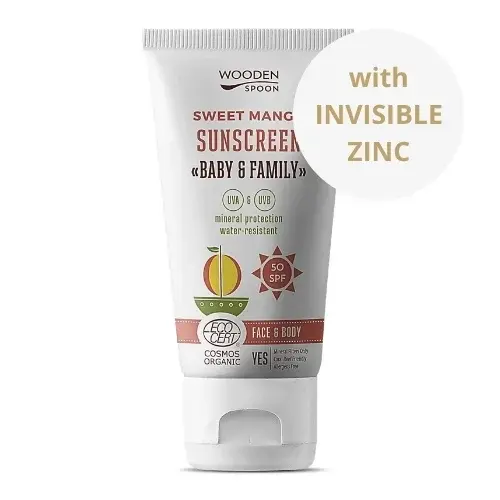 Wooden Spoon Opaľovacie telové mlieko Mango Baby & Family SPF 50 - neviditeľný zinok - Tuba