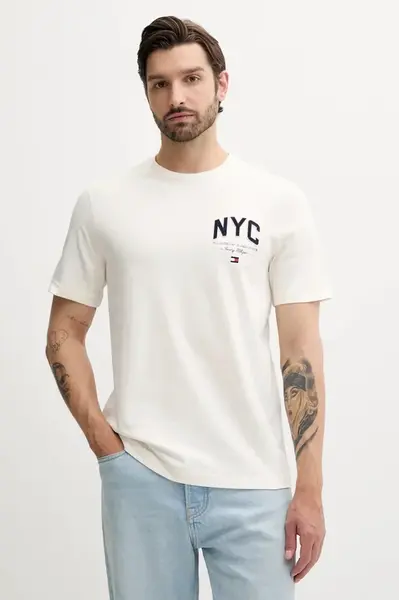 Bavlněné tričko Tommy Hilfiger pánské, béžová barva, s aplikací, MW0MW40427