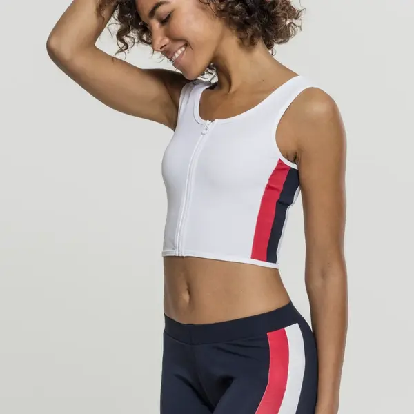 Women's top with side stripe with zipper in white/tan/navy