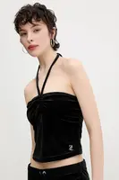 Velurový top Juicy Couture HALTER RUCHE černá barva, španělský výstřih, JCWCT125325