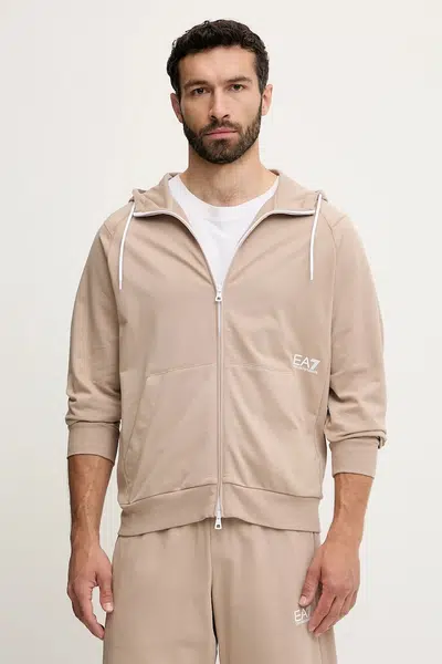 Bavlněná mikina EA7 Emporio Armani pánská, béžová barva, s kapucí, hladká, AF12681.7M000203