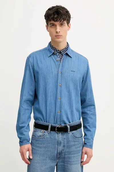 Džínová košile BOSS pánská, modrá barva, regular, s klasickým límcem, 50520279