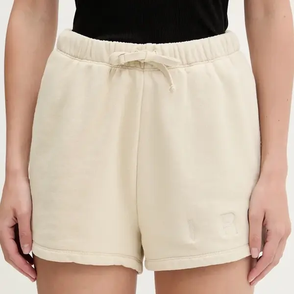 Bavlněné šortky IRO dámské, béžová barva, s aplikací, high waist, WF30OCRESIA