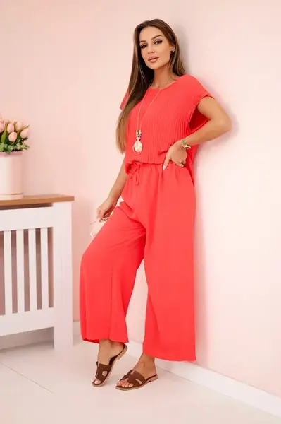 Kesi Włoski Viskózový komplet plisovaná halenka + kalhoty malina