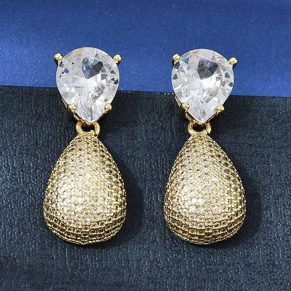 Brass Clear Cubic Zirconia Dangle Stud Earrings
