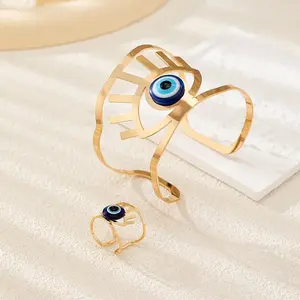 Evil Eye Alloy Resin Hollow Cuff Bangles & Cuff Rings Sets