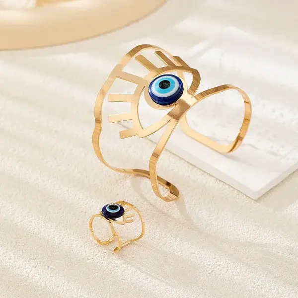 Evil Eye Alloy Resin Hollow Cuff Bangles & Cuff Rings Sets