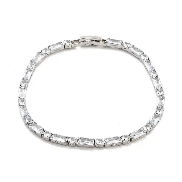 Brass Pave Clear Cubic Zirconia Rectangle & Flat Round Link Bracelets