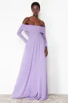 Trendyol Lilac A-Cut Carmen Neckline Knitted Tulle Long Evening Evening Dress
