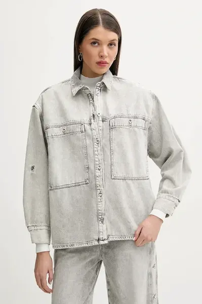 Džínová košile IRO dámská, šedá barva, relaxed, s klasickým límcem, WP18ALYSSON