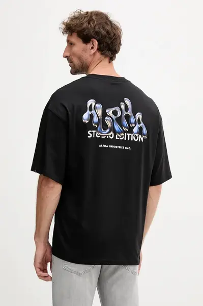 Bavlněné tričko Alpha Industries pánské, černá barva, s potiskem, 156553.03