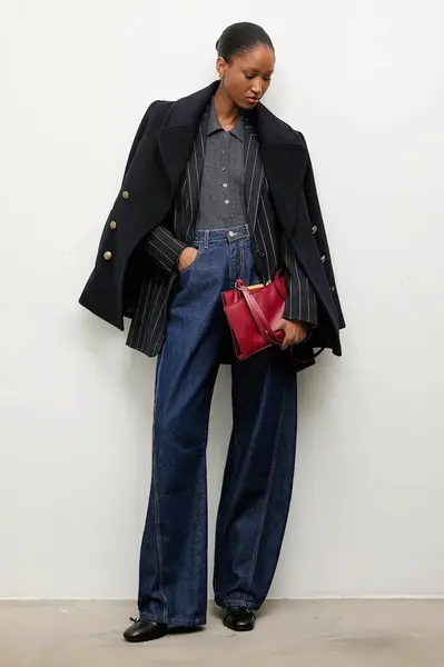 Vlněný kabát Answear.LAB tmavomodrá barva, přechodný, dvouřadový