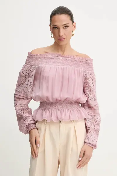 Halenka s příměsí hedvábí Guess AUDREY dámská, růžová barva, vzorovaná, W5GH0S WE550