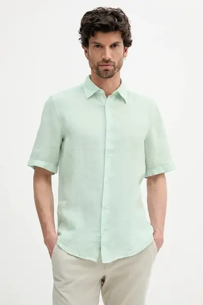 Lněná košile BOSS Orange pánská, tyrkysová barva, regular, s klasickým límcem, 50537382