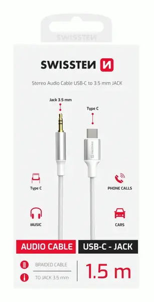AUDIO ADAPTÉR SWISSTEN TEXTILE USB-C / 3,5 mm JACK, 1,5M, BÍLÁ