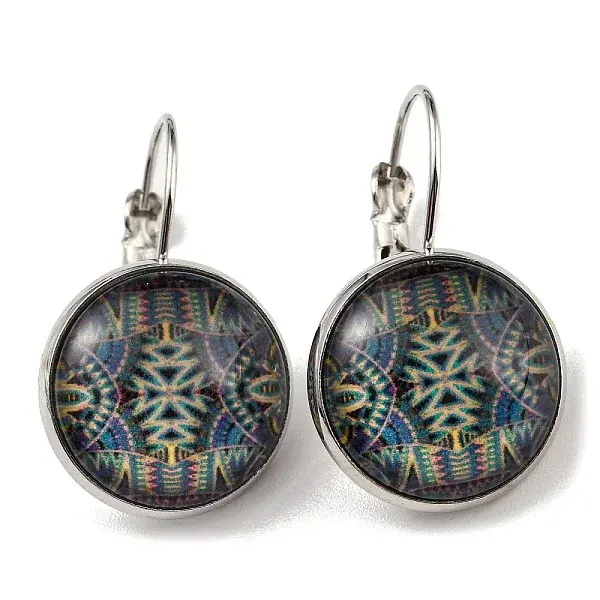 Flat Round Glass Leverback Earrings with Brass Earring Pins