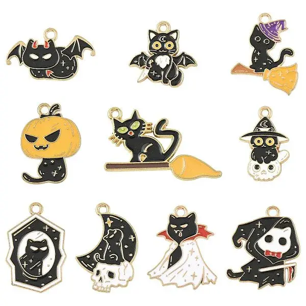 10Pcs 10 Styles Halloween Alloy Enamel Pendants