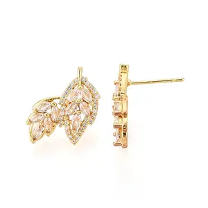 Leaf Brass Micro Pave Clear Cubic Zirconia Stud Earrings