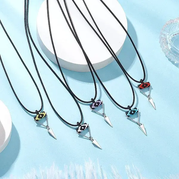 Cylinder Seed Beaded Evil Eye & Alloy Pyramid Cone Pendant Necklaces