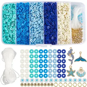 Ocean Theme DIY Disc/Flat Round Polymer Clay Beads & Alloy Enamel Charm Stretch Bracelets Making Kits