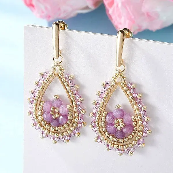 Teardeop Glass Beaded & Dyed Natural Malaysia Jade Dangle Stud Earrings